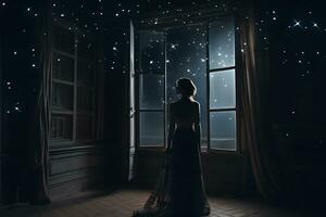 Dreamy fantasy princess looks at the night sky and stars. Neural network AI generated photo