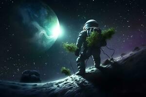 Astronaut planting a tree on the moon or mars. Neural network AI generated photo