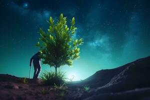 Astronaut planting a tree on the moon or mars. Neural network AI generated photo
