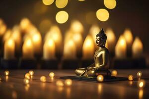 Meditation Buddha statue with candles and lotus. Neural network AI generated photo