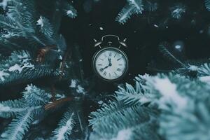 Vintage clock outdoors in winter. Neural network AI generated photo