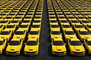 Lots of yellow cars for sale. Neural network AI generated photo