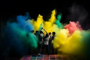 colorful rainbow holi paint color powder explosion isolated on dark black background. Neural network AI generated photo