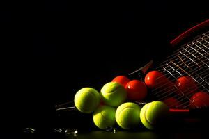 A shot of a tennis racket and a tennis ball. Neural network AI generated photo