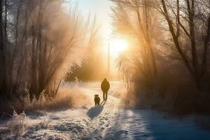 hombre caminando con su perro amigo. neural red ai generado foto