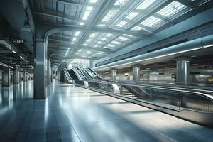 Airport terminal escalator. Neural network AI generated photo