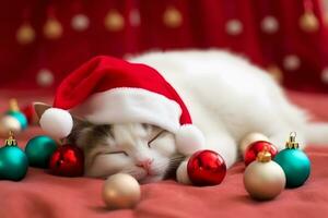 Cute kitten sleeps in a Christmas hat. Neural network AI generated photo