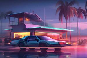 Retrowave style neon yacht, Futuristic synthwave. Neural network AI generated photo