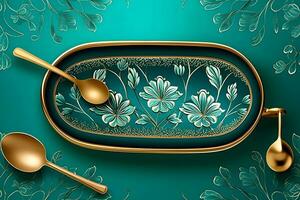 Ramadan Kareem. Abstract girih flowers encrusted with turquoise crystals. Neural network AI generated photo