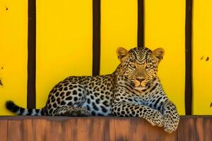 leopardo en un amarillo antecedentes. neural red ai generado foto