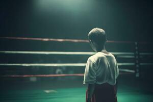 Boxer champion enjoying his victory on lights and standing back to the camera. Neural network AI generated photo