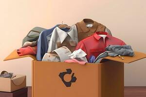 A stack of clothes in different colors in a box. The concept of conscious clothing consumption. Neural network AI generated photo