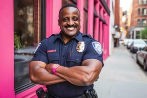 contento y sonriente africano americano policía oficial. neural red ai generado foto