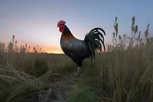 hermosa gallo en pie en el césped en borroso naturaleza verde antecedentes. neural red ai generado foto