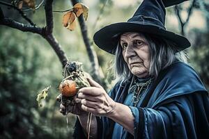 The old witch cooks a sorcery potion in the thicket of the forest. Fairy tales on Halloween. Neural network AI generated photo