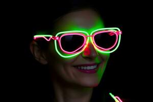 neon portrait of a girl with glasses. Neural network AI generated photo