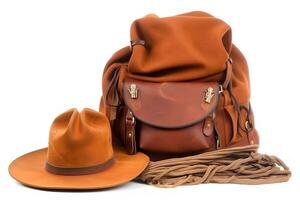 Travel set isolated on white background. Hat, backpack and boots. Neural network AI generated photo