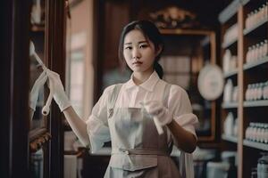 retrato de niña con japonés mucama disfraz en Clásico restaurante. neural red ai generado foto