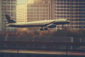 comercial avión volador terminado moderno ciudad. neural red ai generado foto