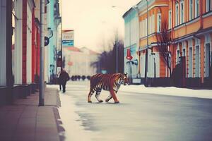 urbano Tigre apocalipsis. un Tigre caminando mediante urbano restos en un despues del Apocalipsis me gusta ajuste. neural red ai generado foto