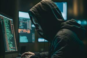 Dangerous Hooded Hacker Breaks into Government Data Servers and Infects Their System with a Virus. Neural network generated art photo