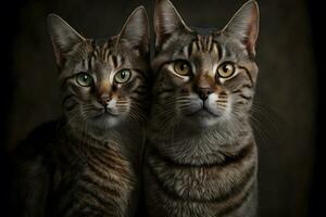 Portrait of two domestic cats with tabby fur outdoors with dark background. Neural network generated art photo