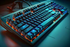 Futuristic custom PC keyboard concept with glowing blue tones. Neural network generated art photo