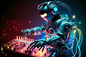 Robot disc jockey at the dj mixer and turntable plays nightclub during party. EDM entertainment party concept. Neural network generated art photo