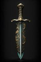 Medieval sword and scabbard. Fantasy golden sword with long blade. Neural network generated art photo