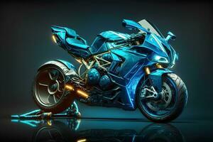 Futuristic custom angled light motorcycle concept with glowing blue tones. Neural network generated art photo