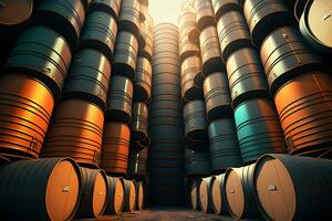 Stacks of oil barrels in oil refinery warehouse. Neural network generated art photo