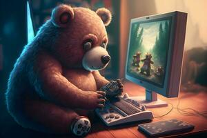 oso como vídeo juego En Vivo corriente jugador utilizar ordenador personal computadora para entretenimiento. neural red generado Arte foto