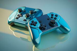 Two console gaming controllers with many buttons and glossy shiny body surface. Neural network generated art photo