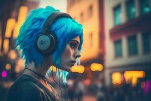 Portrait of young girl with blue hair listening music with headphones on city street. Neural network generated art photo