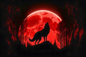 Howling wolf against the full moon background and the wilderness. Neural network generated art photo