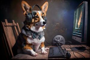 Dog as video game live stream gamer use PC computer for entertainment. Neural network generated art photo