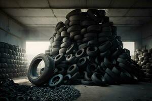 Big pile of used old car tires for recycling. Neural network generated art photo