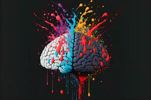 Human brain in colorful splashes on black background. Neural network generated art photo