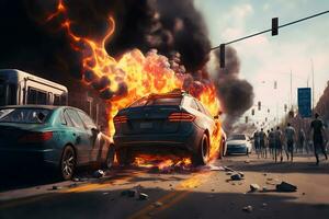 ardiente automóvil carros en fuego accidente en ciudad la carretera. neural red generado Arte foto