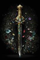 Medieval sword and scabbard. Fantasy golden sword with long blade. Neural network generated art photo