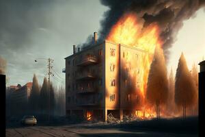 Multistorey residental or office building on fire accident. Neural network generated art photo