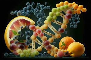 GMO food and Genetically modified crops or engineered agriculture concepts fruit and vegetables. Neural network generated art photo