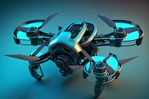 Realistic quadrocopter drone with propeller fans on glowing blue background. Neural network generated art photo