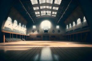 interior ver de un iluminado baloncesto estadio para un juego. neural red generado Arte foto