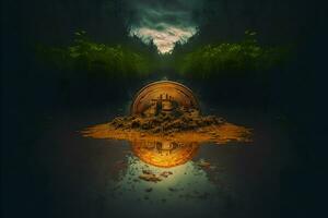 Bitcoin falling into the mud. The fall of the cryptocurrency. Neural network generated art photo