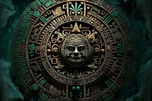 cerca ver de el antiguo azteca maya calendario con redondo modelo y alivio en Roca superficie. neural red generado Arte foto