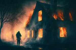 Firefighters crew fighting fire accident at nighttime. Neural network generated art photo