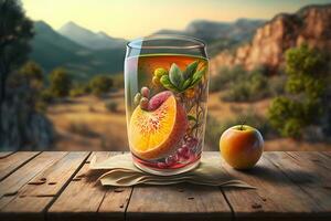 vaso de resumen Fruta jugo con Fresco frutas en de madera mesa con verano campo antecedentes. neural red generado Arte foto