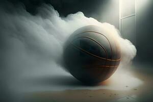baloncesto en Corte piso cerca arriba con borroso arena en antecedentes. neural red generado Arte foto