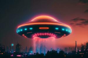 UFO object with glowing lights flying to city center on a rainy day. Neural network generated art photo